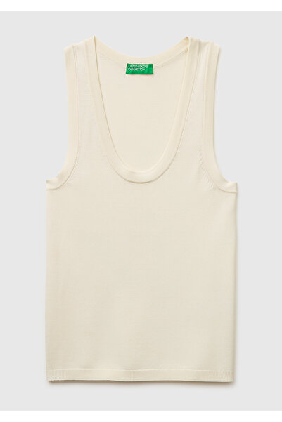 United Colors of Benetton Women's cream viscose blend slim fit wide round nec...