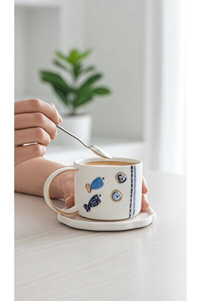 EL YAPIMI 24k Altın Süslemeli Balık ve Nazar Boncuğu Temalı Seramik Mug