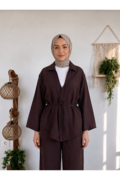 Yunara Kadın Yazlık Tencel Kumaş Bağlamalı Kimono Gömlek Pantolon Takım