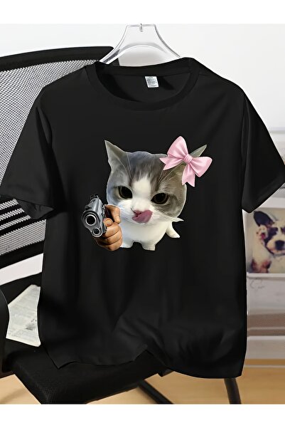 Blueno YO Men's Summer Short-Sleeve T-Shirt - Fun Cartoon Cat Holding a Gun w...
