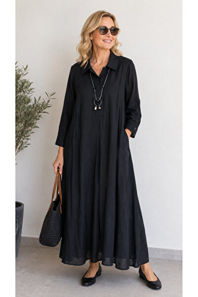 Lissmore Linen Modal Blend Folded Sleeve Dress with Side Pockets and Inside W...