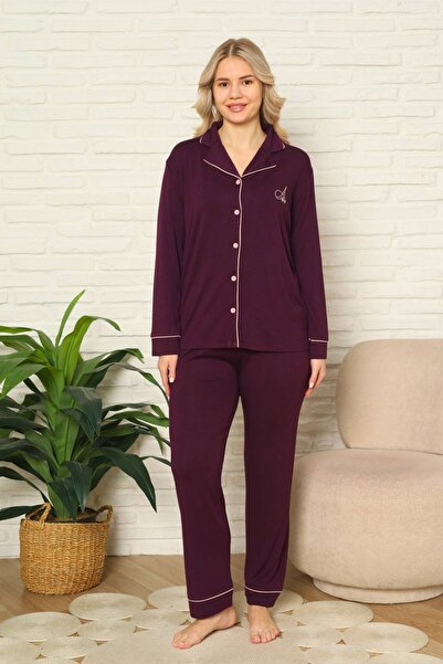 ALİMER Women's Pajama Set - Purple Front Buttoned Long Sleeve Lycra Viscose 2...