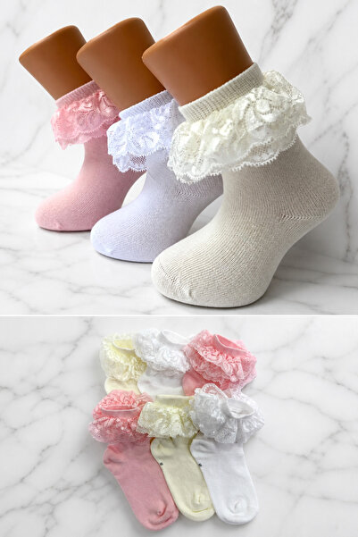 ZENGİN Pack of 6 Girls' Lace Seamless Toe Cotton Colorful Bowknot Booties Soc...