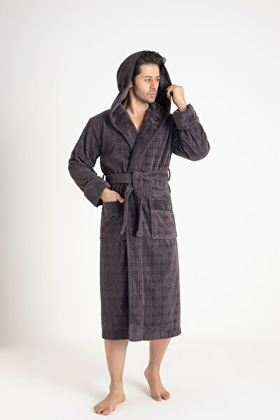 Nuşa Men's Hooded Checkered Bamboo Cotton Soft Absorbent Luxury Bathrobe