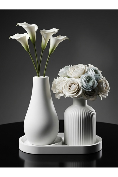 CANSEB Elegance 3'lü Şık Dekoratif Set 13CM Vazo & 10CM Çizgili Pampas Vazosu...