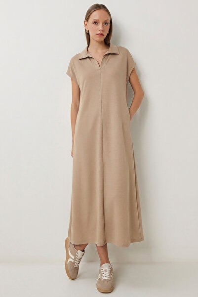 Lovelyİstanbul Polo Yaka Cepli Örme Elbise LDZ0038 BEJ