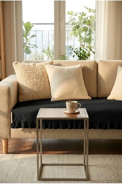 ACELEYOLLA Keten Pamuk Koltuk Örtüsü Fırfırlı Siyah 90x200 cm Şık ve Doğal Gö...