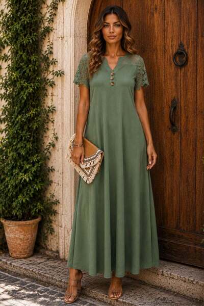 Mossta Short Sleeve Lace Long Waffle Dress - Green