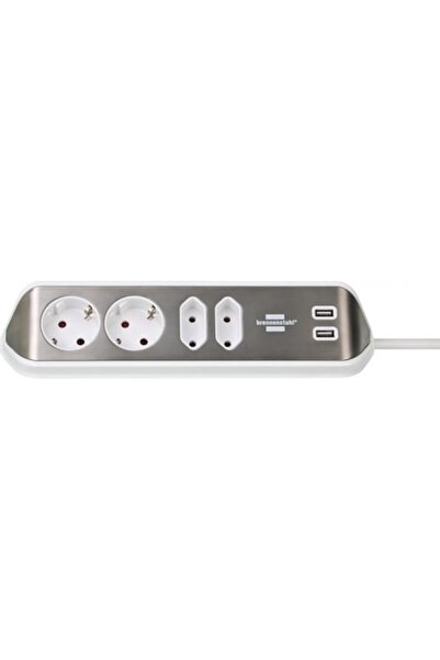 DAMUR Cablu prelungitor de colț Estilo, 4 prize, 2 USB, oțel inoxidabil, 2m, ...