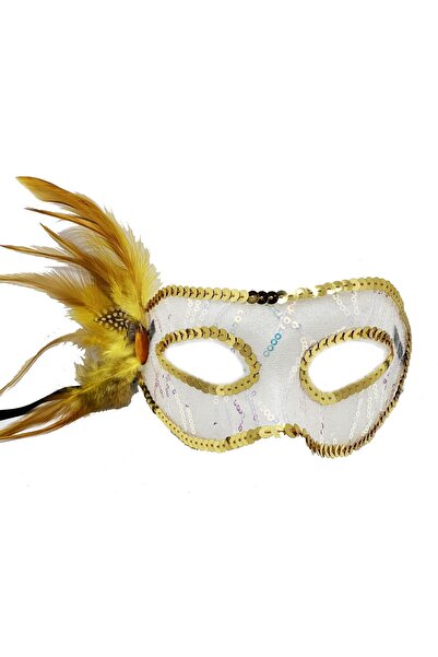 Generic Brand Gold Color Side Feather Sequin Embroidered Party Mask 23X12 cm