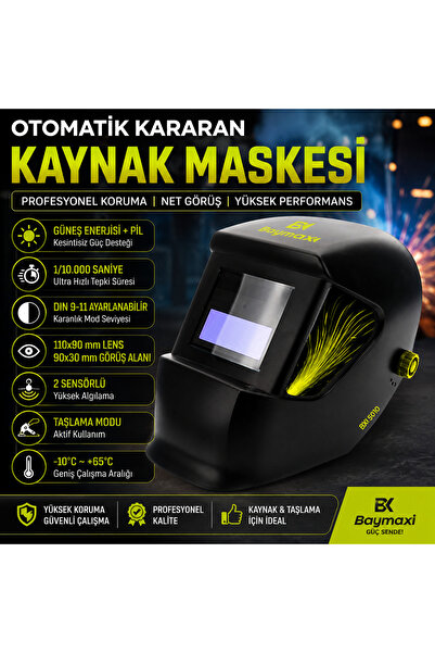 Baymax Otomatik Kararan Kaynak Maskesi – Solar Sensörlü, DIN 9-11 Ayarlanabil...