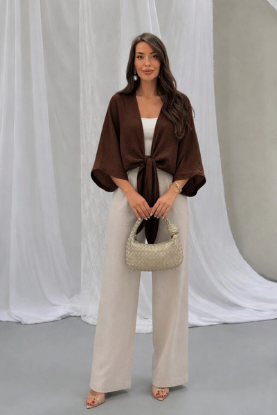 Lusin Women's Bitter Brown Front-Tie Wide Bat Sleeve Summer Muslin Blouse Car...