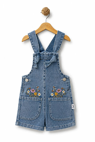 BABYİLAY Girl's Floral Embroidered Denim Jumpsuit - Blue
