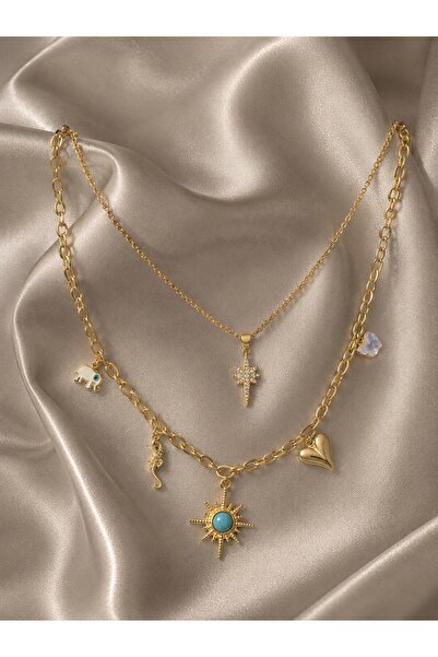 MODA Çelik Çoklu Charm Detaylı İkili Kolye Seti