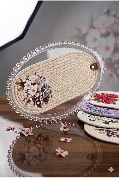 Betülce Acrylic Beaded Oval Tray and Cotton Rope Supla Double Presentation Set