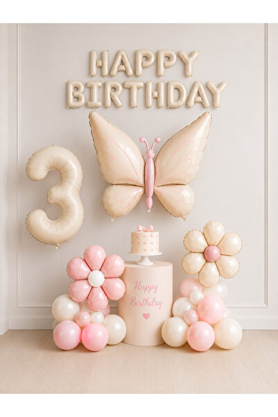 Balonsan Retro Cream Butterfly and Daisy -3- Numbered Happy Birthday Balloon Set