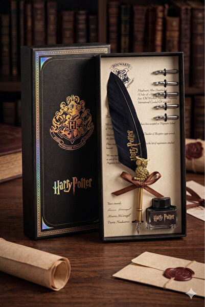 Plastora Harry Potter Baskılı Özel Tasarım Divit Hokka Seti Tüylü Divit Kalem...