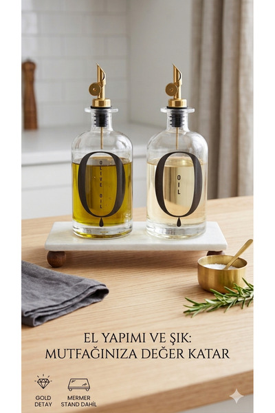 Dia Set of 2 Luxury Labeled Glass Oil and Vinegar Bottles - Gold Detailed Dri...