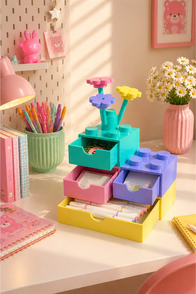 PELIUS Masaüstü Düzenleyici Çekmeceli Organizer Kutu Pastel Lego Tasarımlı Ka...