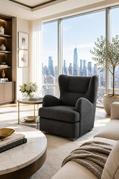 MARIA HOMES Modern Dark Grey Wingback Accent Chair – Luxury Upholstered Loung...