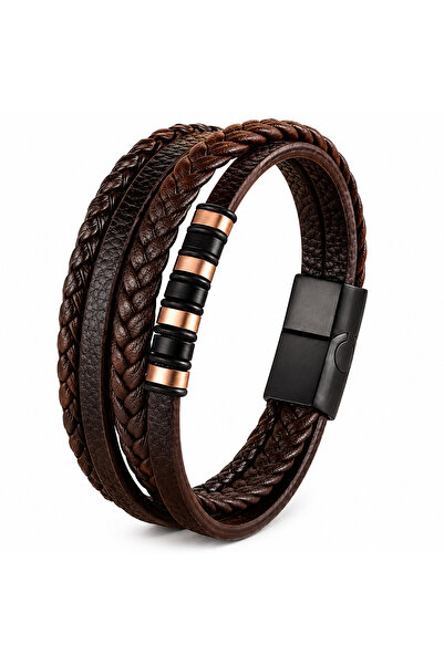 OutfitModa Men's Bracelet Genuine Leather & Black Stainless Steel – Gift for Him