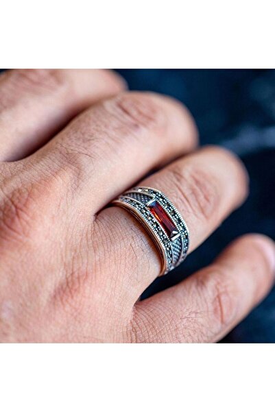 Mercan Silver 925 Ayar Gümüş Minimal Kırmızı Garnet Taşlı Markazit Erkek Yüzük