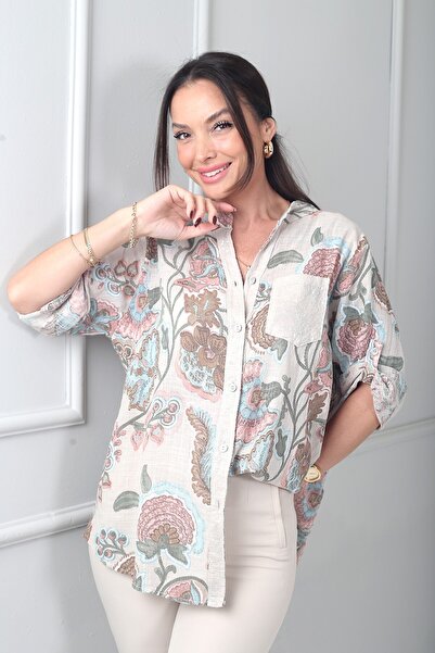 By Saygı Women's Sequin Detailed Single Pocket Large Floral Italian Cotton Shirt