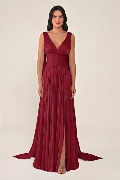 ALFABETA Custom Cut and Sew Shiny Chiffon Deep V Neck Long Dress Alpha Beta