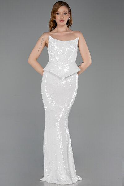 Abiyefon Ekru Straplez Yaka Peplum Kesim Uzun Pul Payet Abiye ABU5721