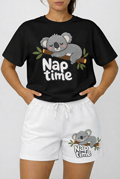 ALEYZA MODA Fashionable "Nap Time" Printed T-Shirt for Women Sort Takim – Cut...