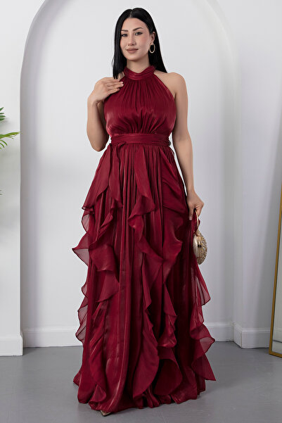 PULLIMM Rochie din satin cu volane și decolteu halter ELİ6073