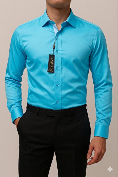 Zikuv Pleated Turquoise Slim Fit Long Sleeve Easy Ironing Sweat-Absorbing Bre...