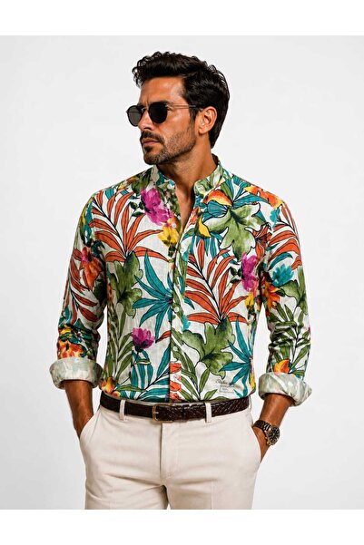 ANATOLIATEKSTILE Cămașă Bărbați din in Italian Premium Floral Luxury Summer S...