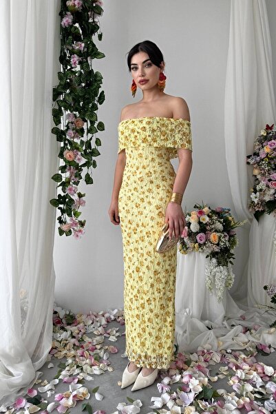 Caddebostan Moda Women's Floral Patterned Lace Detailed Strapless Long Evenin...