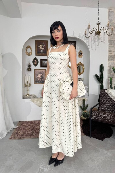 Caddebostan Moda Square Neck Polka Dot Midi Dress and Bag Combination