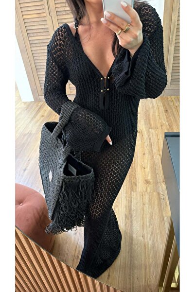codudem Black Mesh Knitted Transparent Knitwear Pareo Beachwear Beach Combina...