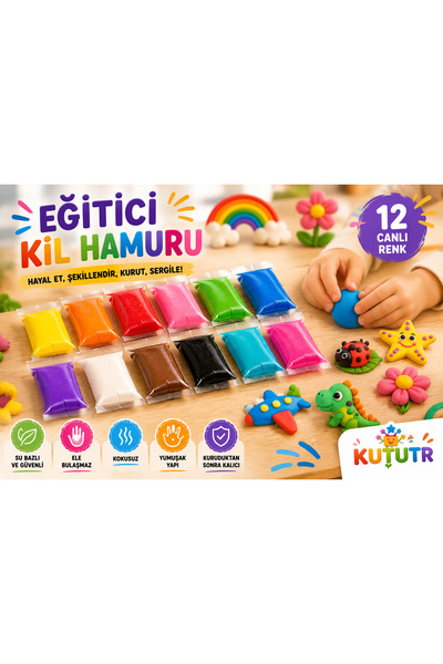 kutuTR Eğitici Kil Hamuru 12’li Renkli Hava ile Kuruyan Su Bazlı Oyun Hamuru ...