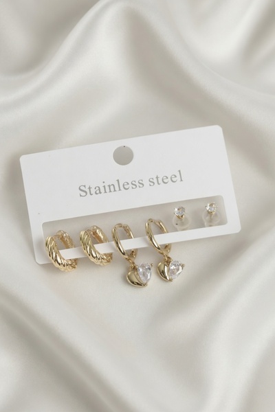 Jadem Gold 316L Stainless Steel Heart Detailed Women's Earring Set
