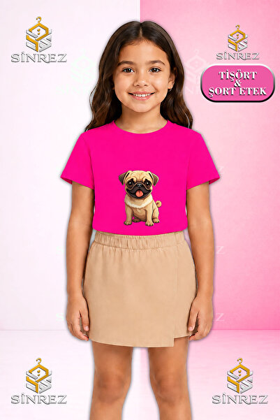 SİNREZ Girl's Set Dog Pug Tongue Out Printed Short Sleeve T-Shirt Shorts Skirt