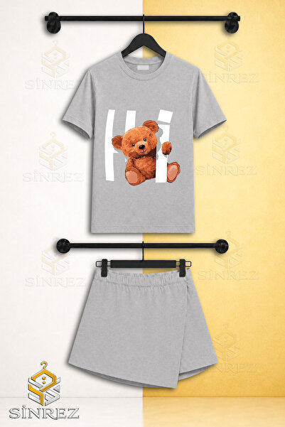 SİNREZ Girl's Set Hi Bear Printed Short Sleeve T-Shirt Shorts Skirt