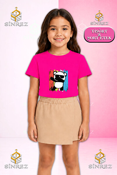 SİNREZ Set pentru fete PANDA COLORAT TVL EYEGLASSES Tricou cu mânecă scurtă i...