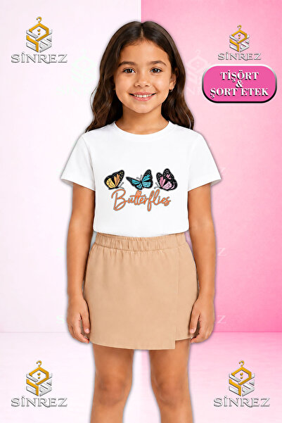 SİNREZ Girl's Set Butterfly Printed Short Sleeve T-Shirt Shorts Skirt