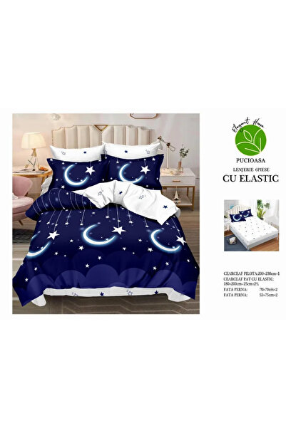 Pucioasa Bed linen Finet 6 pieces with Elastic, blue with moon and stars-T27