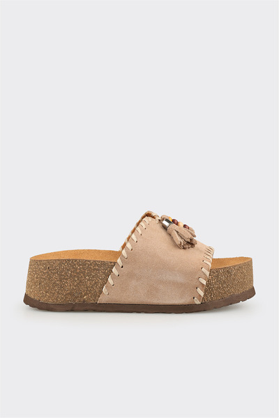 Elle Shoes Bej Deri Kadın Günlük Terlik