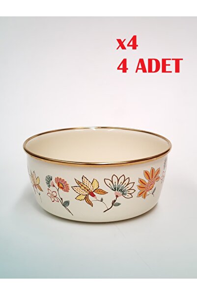 GİZEM Emaye Atlas Zırhlı Kase 16 cm 1 Litre İç/Dış Krem Renk Gold Detaylı ( 4...