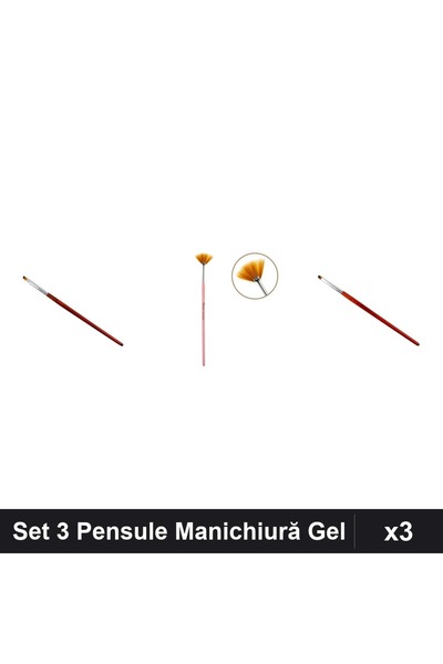 NAİLS Set 3 Pensule Manichiură Gel, Evantai + Model Țesit + Limbă Pisică, Pro...