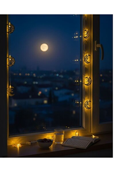 Sepetink زينة رمضان على شكل مئذنة ونصف قمر بإضاءة LED ولون أصفر معدني