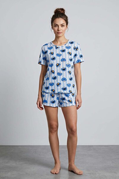 Fulla Moda Cookie Monster Patterned Shorts Pajama Set
