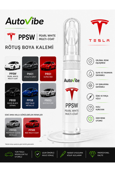 AutoVibe Tesla Rötuş Boya Kalemi PPSW Pearl White Multi-Coat 2’si 1 Arada