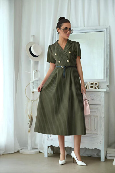 OEM Rochie midi eleganta dama cu dungi fine, cordon in talie si guler tip sac...